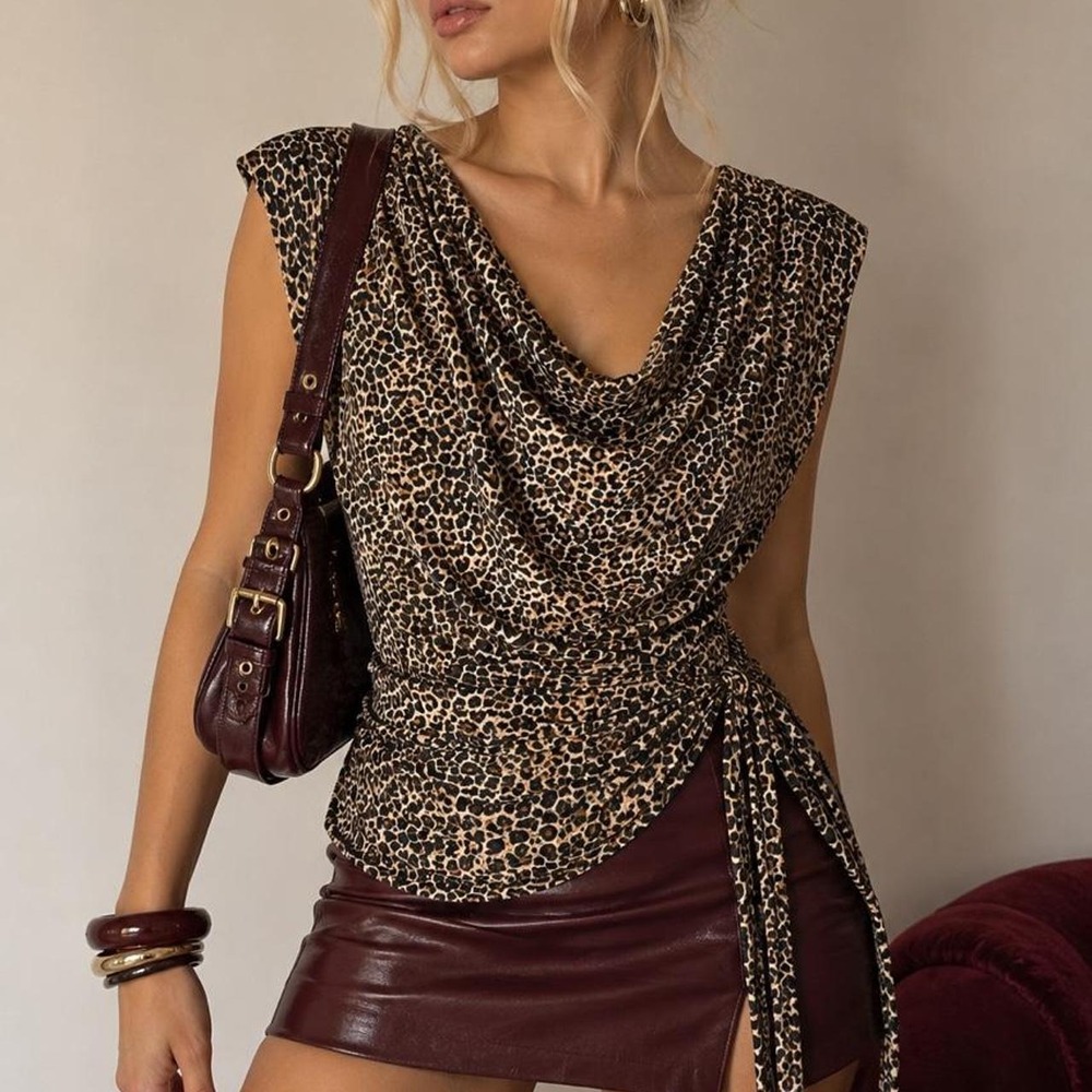 Leopard Cowl Neck Tie Waist Tunic Top Mob Wife Indie Sleaze Y2K Pullover Blouse